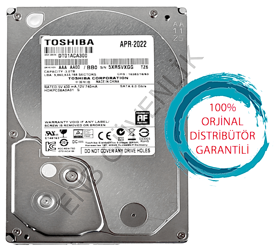 3TB Toshiba 7200RPM 3.5 SATA3 64MB Güvenlik Kamerası Diski