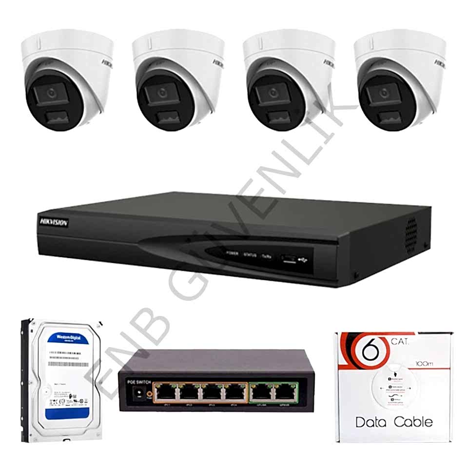 HİKVİSİON 4 KAMERALI 2 MP SMART HYBRİT COLOR MİKROFONLU İÇ MEKAN İP KAMERA SETİ