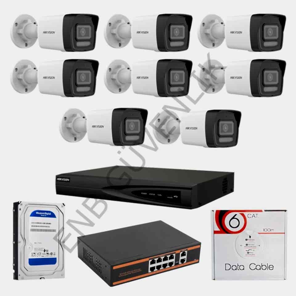 HİKVİSİON 8 KAMERALI 2 MP SMART HYBRİT COLOR MİKROFONLU DIŞ MEKAN İP KAMERA SETİ