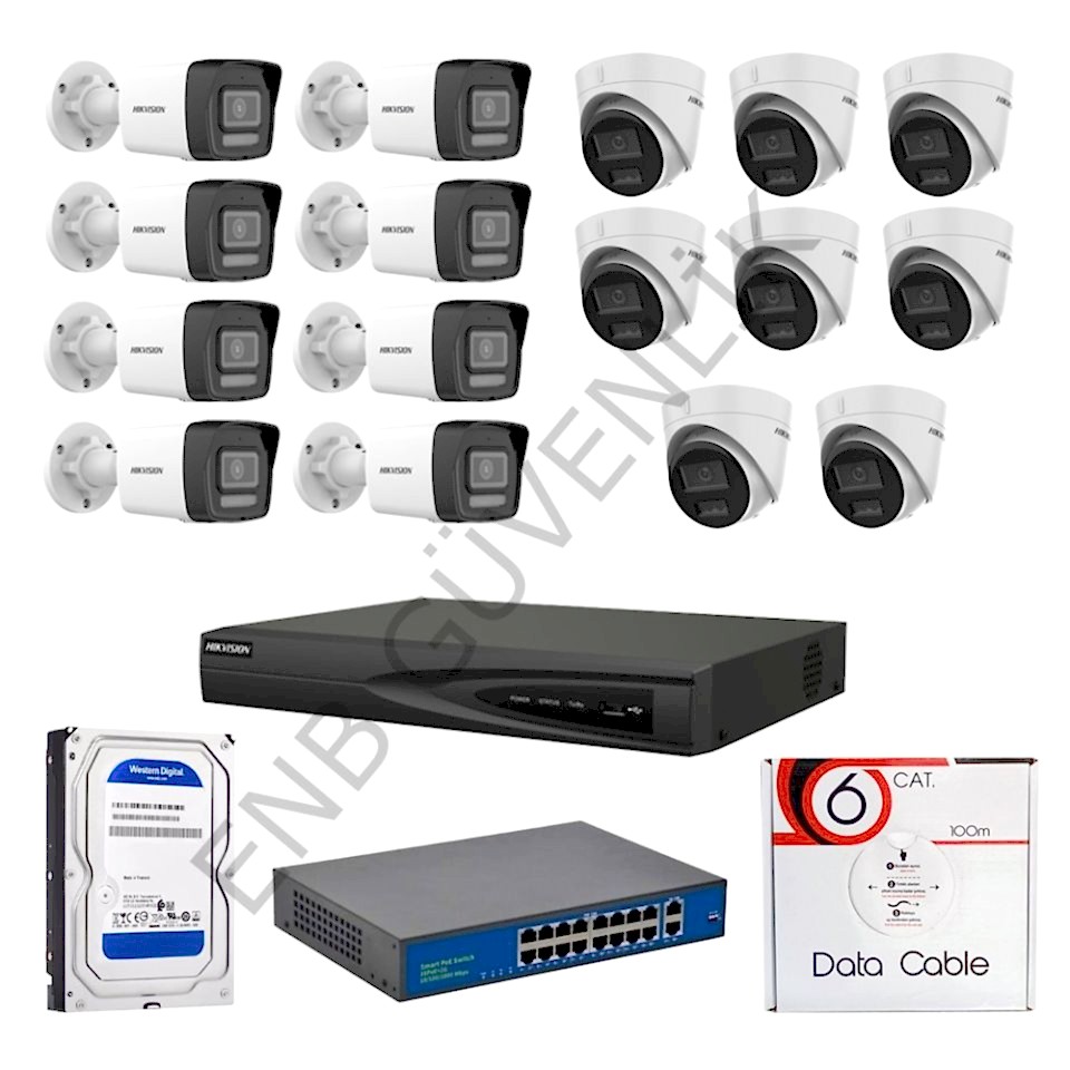 HİKVİSİON 16 KAMERALI 2 MP SMART HYBRİT COLOR MİKROFONLU İÇ - DIŞ MEKAN İP KAMERA SETİ